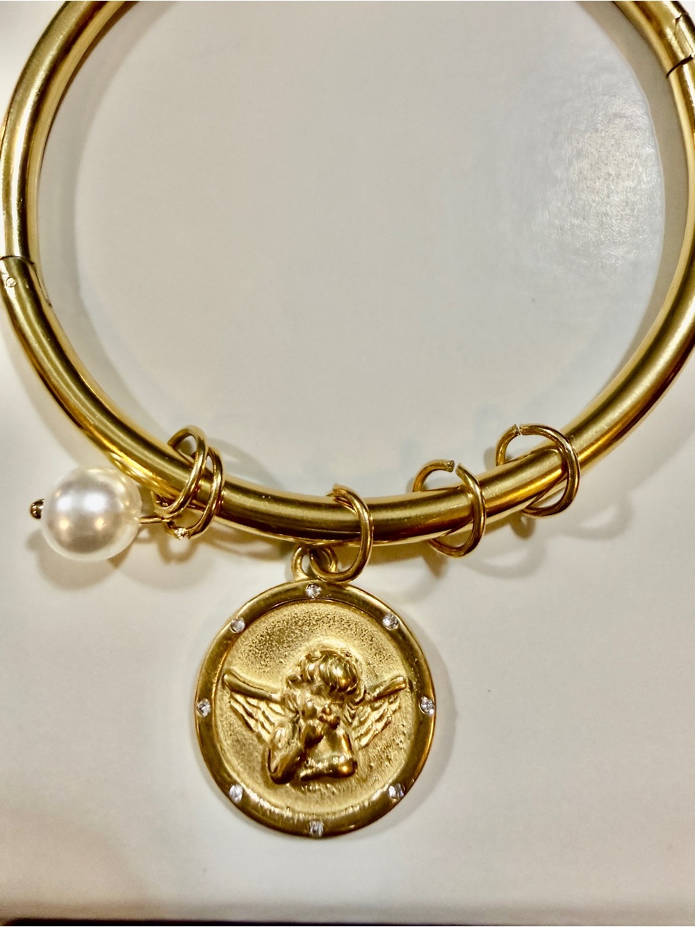 Gold-Tone Angel Medallion Bangle Bracelet with Pearl Accent